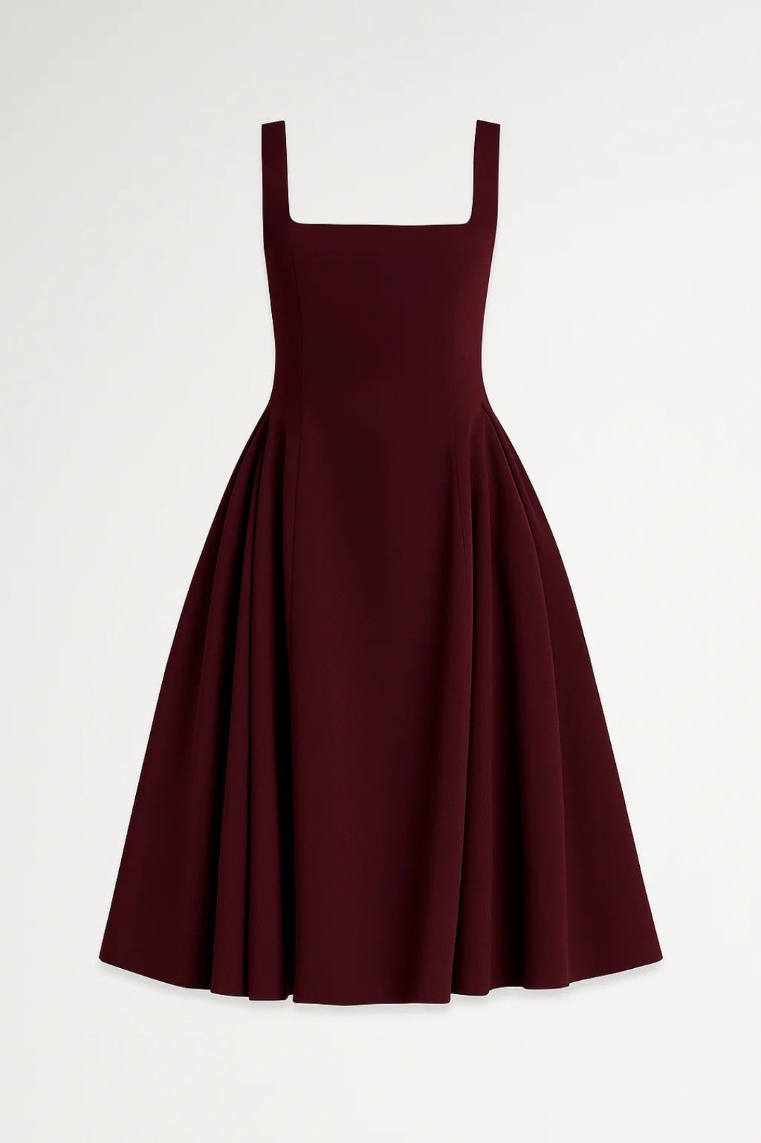 Square Neck Midi Dress with Pleated A Line Skirt