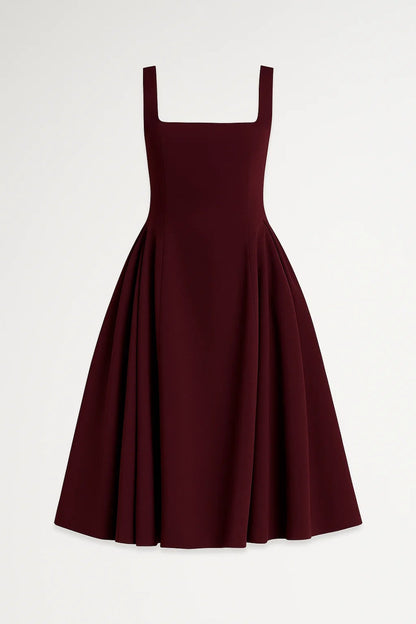 Square Neck Midi Dress with Pleated A Line Skirt
