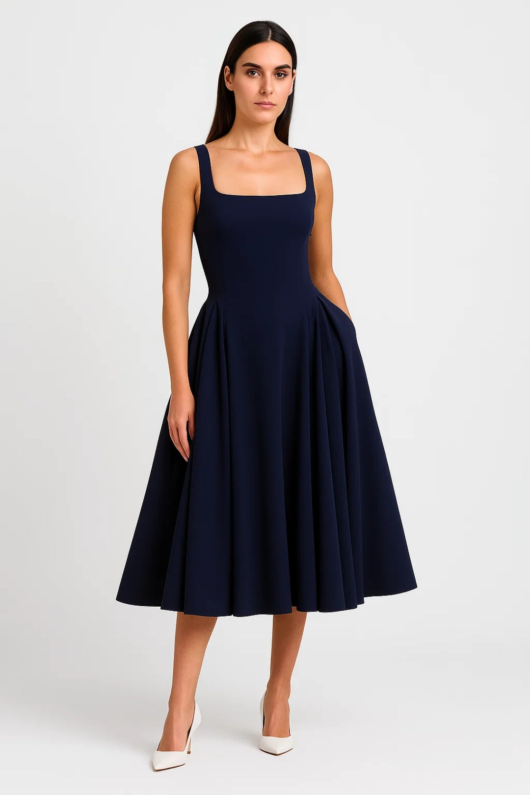 Square Neck Midi Dress with Pleated A Line Skirt
