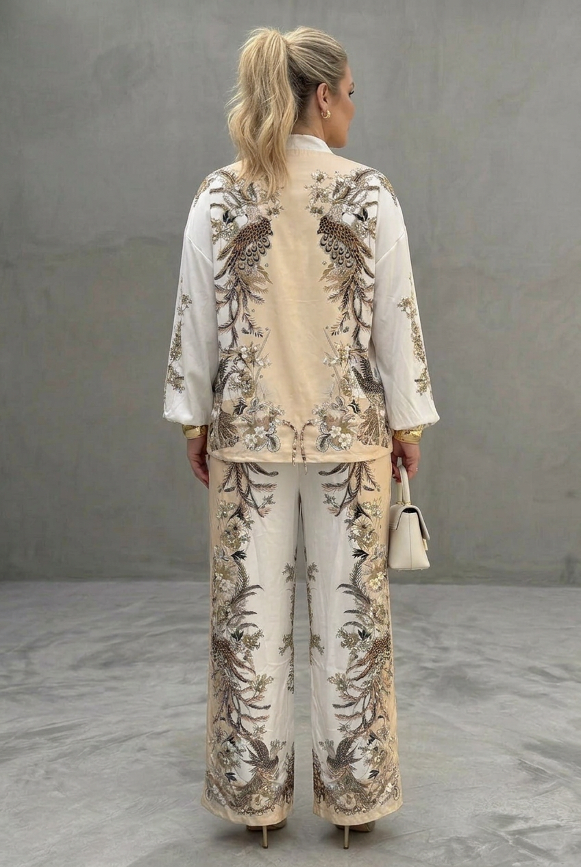 Elegant Two-Piece Set for Women Embroidered Zip-Front Wide-Leg