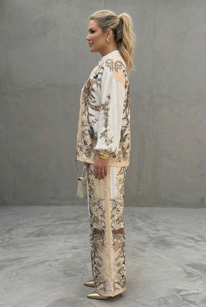 Elegant Two-Piece Set for Women Embroidered Zip-Front Wide-Leg