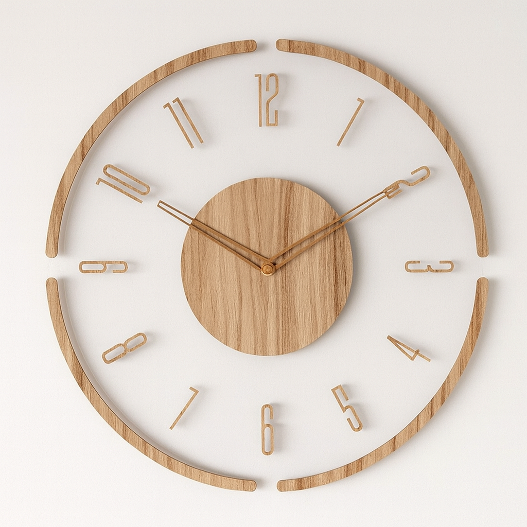 Scandinavian Style Acrylic Glass Wall Clock with Wood Print – Modern Nordic Home Decor