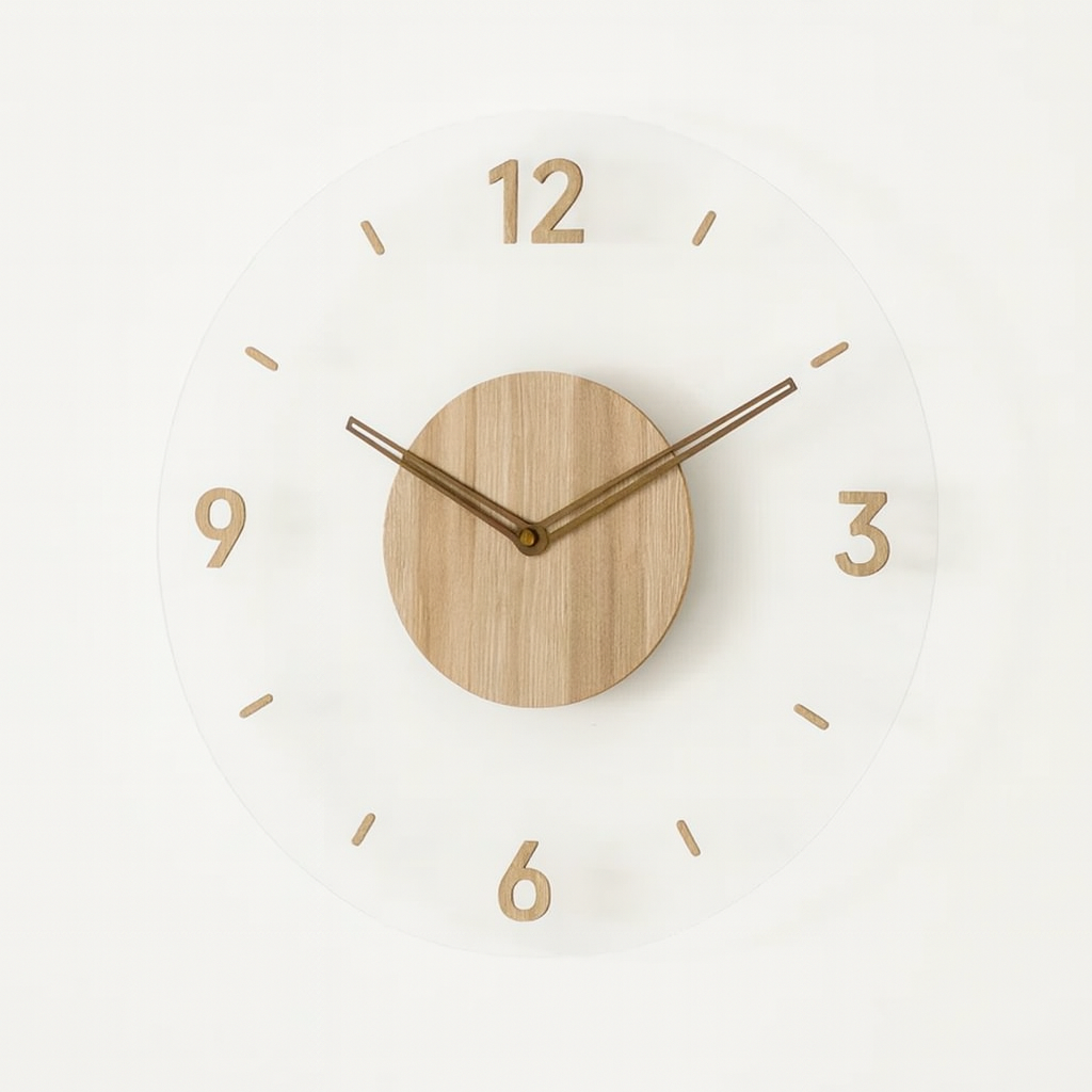 Scandinavian Style Acrylic Glass Wall Clock with Wood Print – Modern Nordic Home Decor