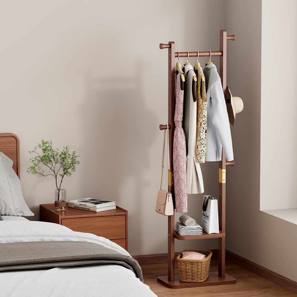 MobilHolz: Wooden Clothes Rack – Stable Solid Wood Stand with Wheels, Shoe Shelf & Shelves, Decorative for Hallway & Bedroom