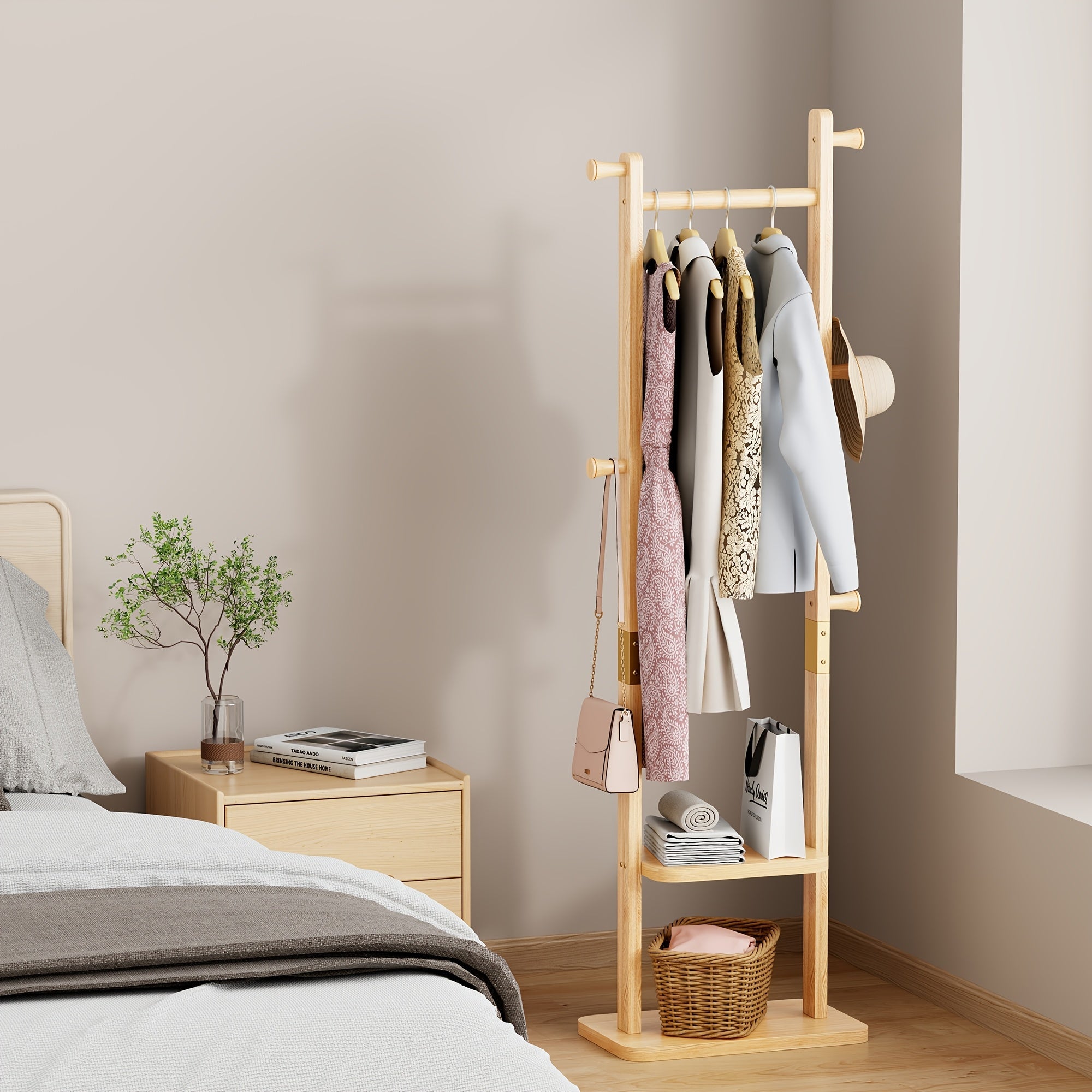 MobilHolz: Wooden Clothes Rack – Stable Solid Wood Stand with Wheels, Shoe Shelf & Shelves, Decorative for Hallway & Bedroom