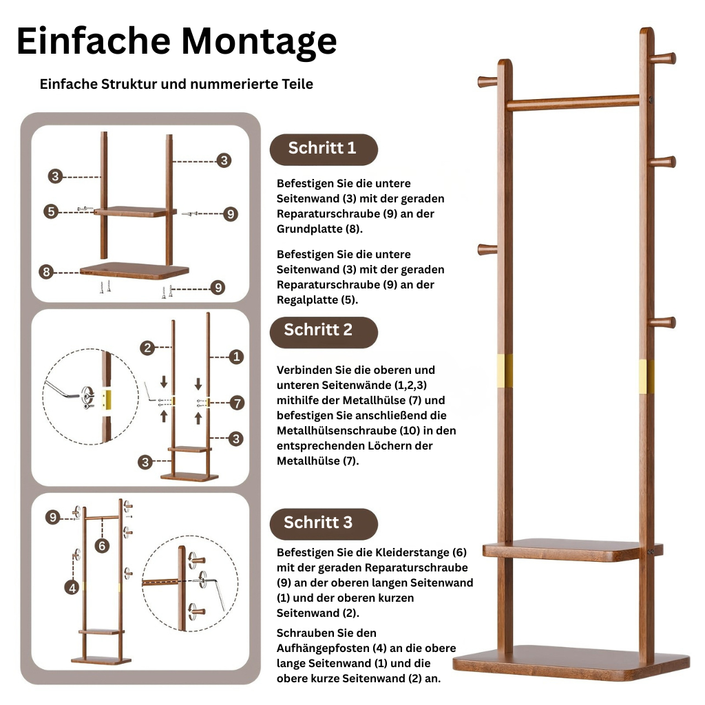 MobilHolz: Wooden Clothes Rack – Stable Solid Wood Stand with Wheels, Shoe Shelf & Shelves, Decorative for Hallway & Bedroom