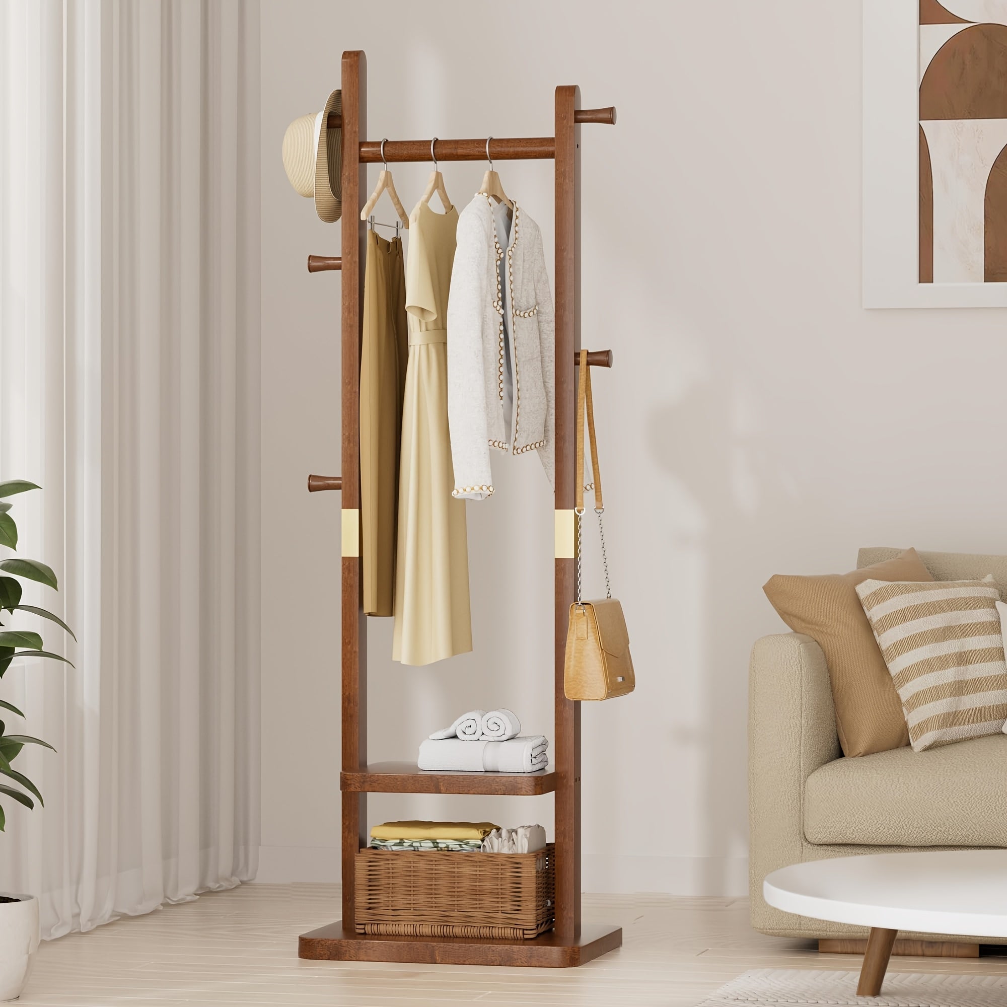 MobilHolz: Wooden Clothes Rack – Stable Solid Wood Stand with Wheels, Shoe Shelf & Shelves, Decorative for Hallway & Bedroom