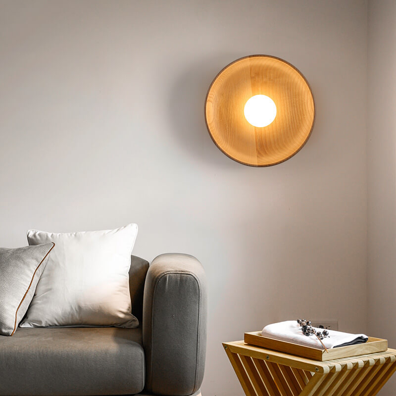 Modern Minimalist Wood Round 1-Light LED Wall Sconce Lamp
