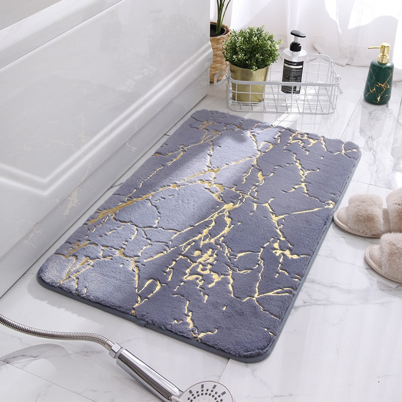 Modern Marble Bath Mat with Gold Accents, Non-Slip Absorbent Bathroom Rug