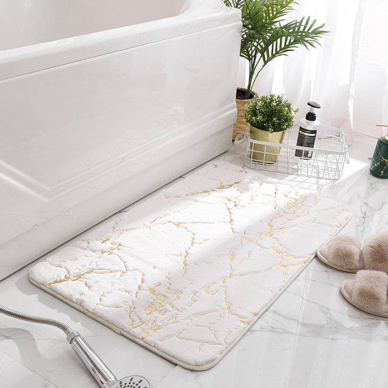 Modern Marble Bath Mat with Gold Accents, Non-Slip Absorbent Bathroom Rug