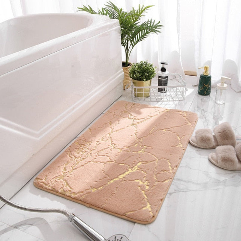 Modern Marble Bath Mat with Gold Accents, Non-Slip Absorbent Bathroom Rug