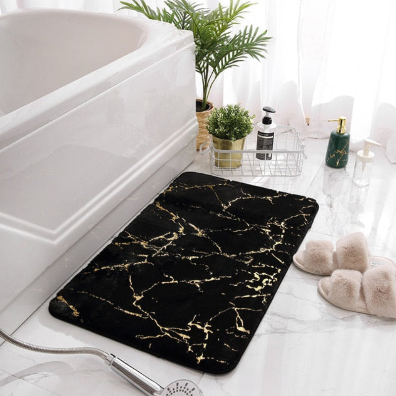 Modern Marble Bath Mat with Gold Accents, Non-Slip Absorbent Bathroom Rug