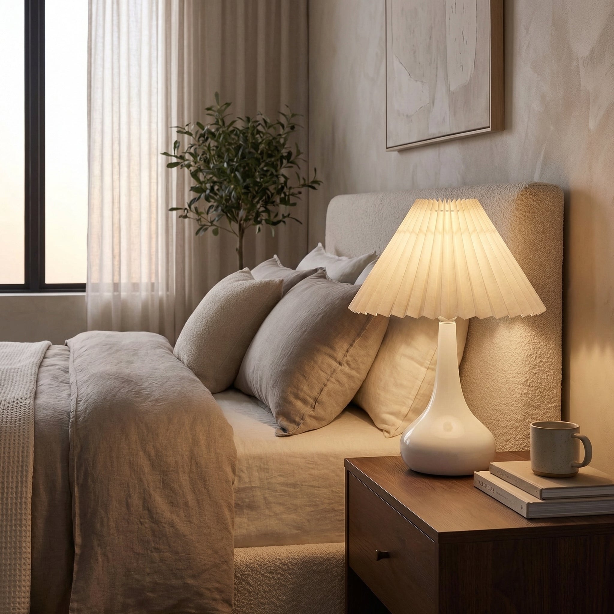 LED Table Lamp, Pleated Fabric Shade, Dimmable Tri-Color Light