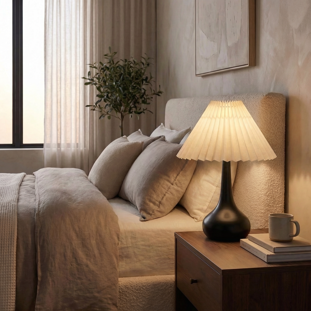LED Table Lamp, Pleated Fabric Shade, Dimmable Tri-Color Light