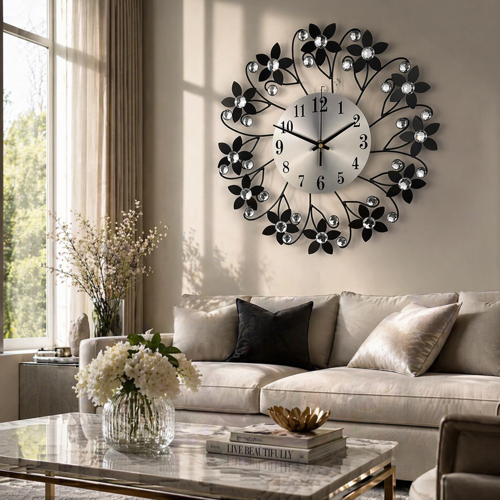 Floral Analog Wall Clock Silent Sweep Battery Operated Indoor Wall Mounted