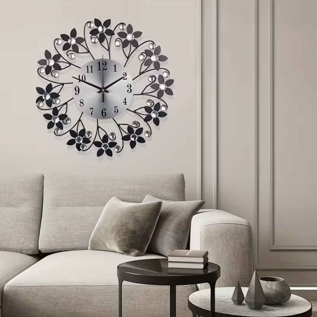 Floral Analog Wall Clock Silent Sweep Battery Operated Indoor Wall Mounted