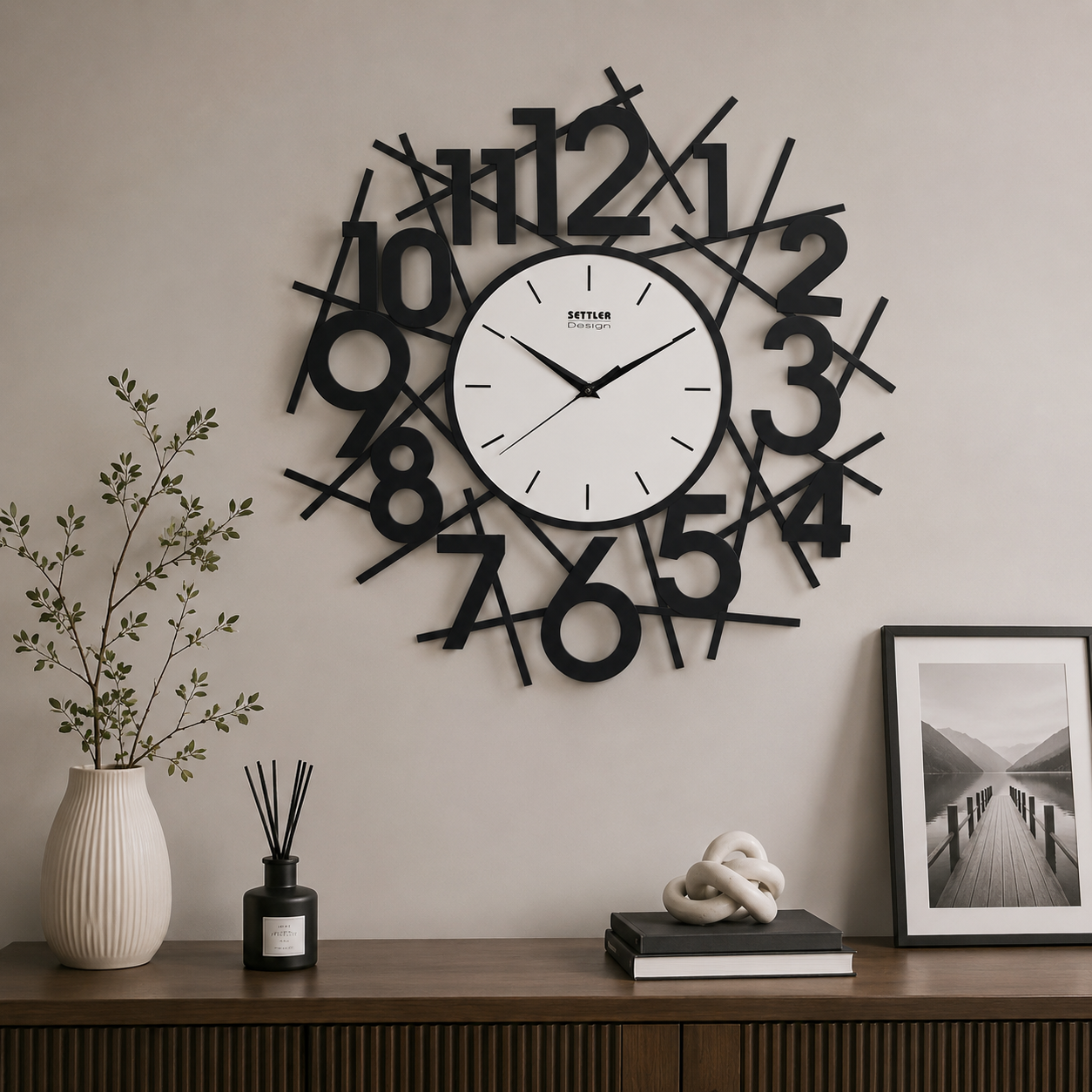 Wall Clock with Silent Quartz Movement, Black Acrylic and Glass Modern Contemporary Design