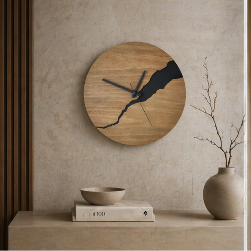 River-Cut Wall Clock Solid Wood Analog Quartz Natural Grain Design