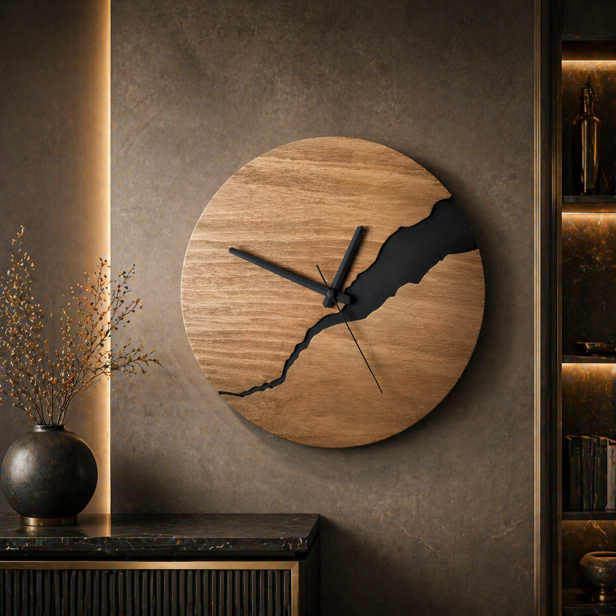 River-Cut Wall Clock Solid Wood Analog Quartz Natural Grain Design