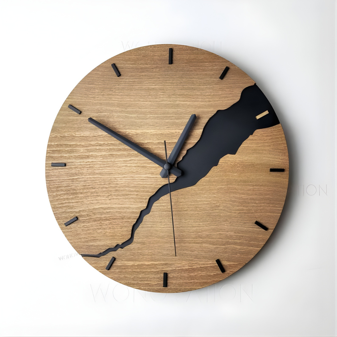 River-Cut Wall Clock Solid Wood Analog Quartz Natural Grain Design