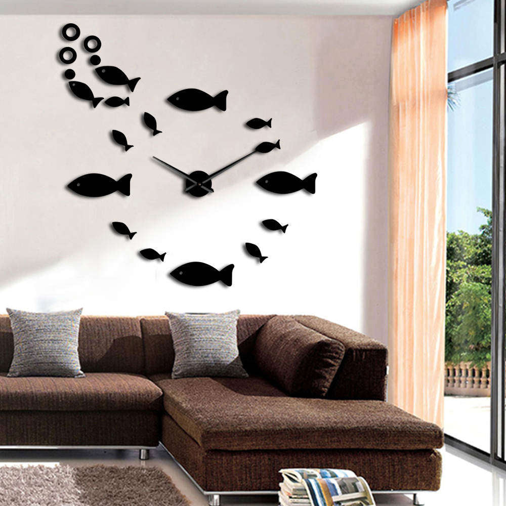 Wall Clock Acrylic Black Fish Motif Minimalist Style Quartz Movement