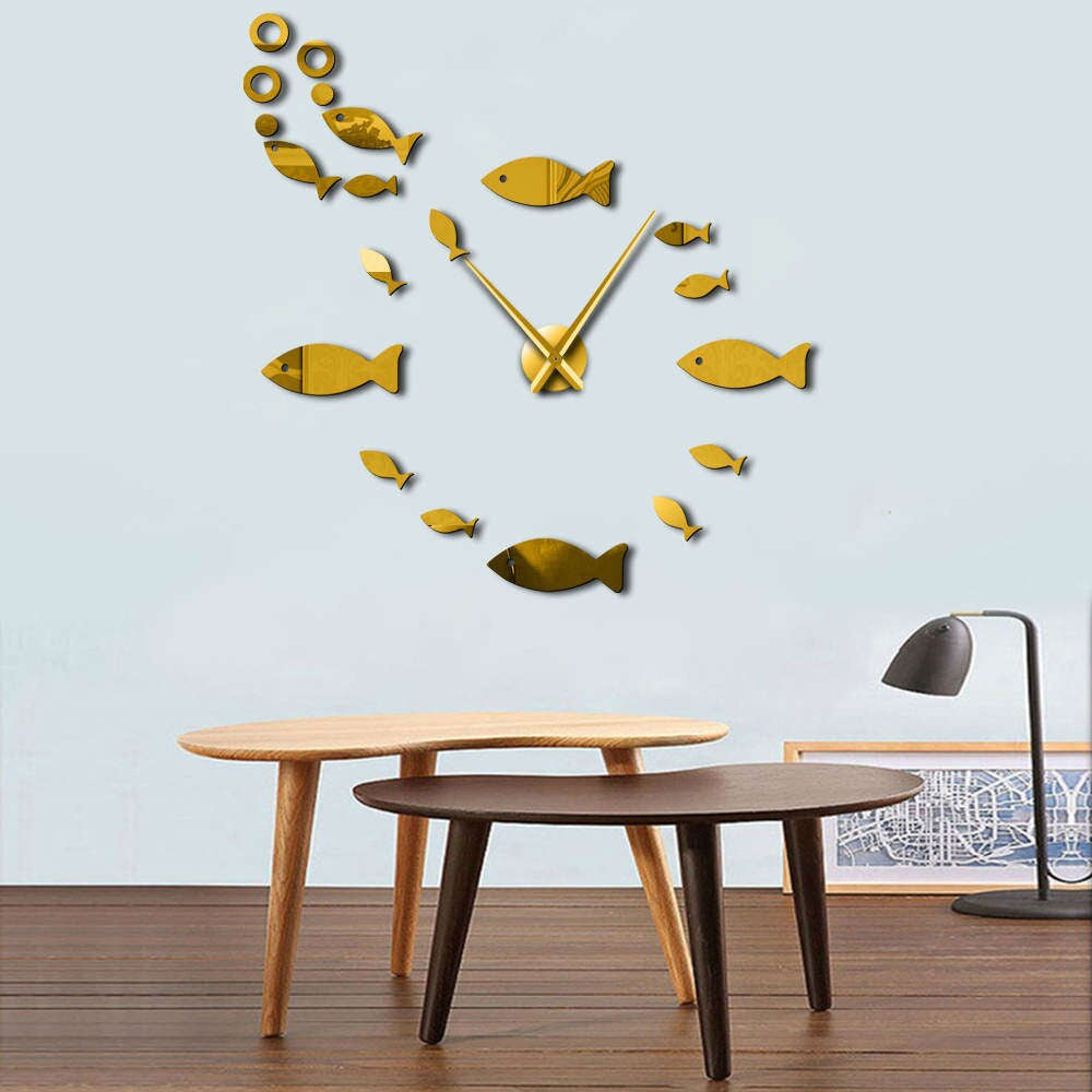Wall Clock Acrylic Black Fish Motif Minimalist Style Quartz Movement