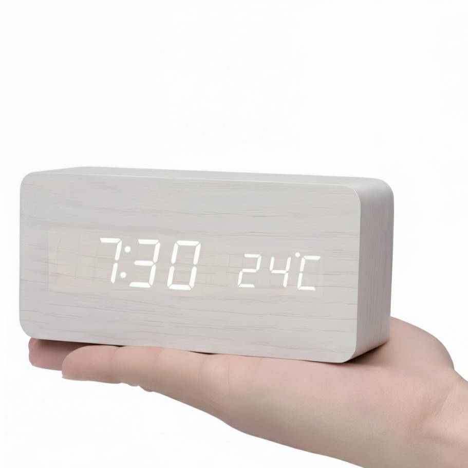 Modern Wooden LED Digital Alarm Clock - Smart Bedside Clock with Adjustable LED Display