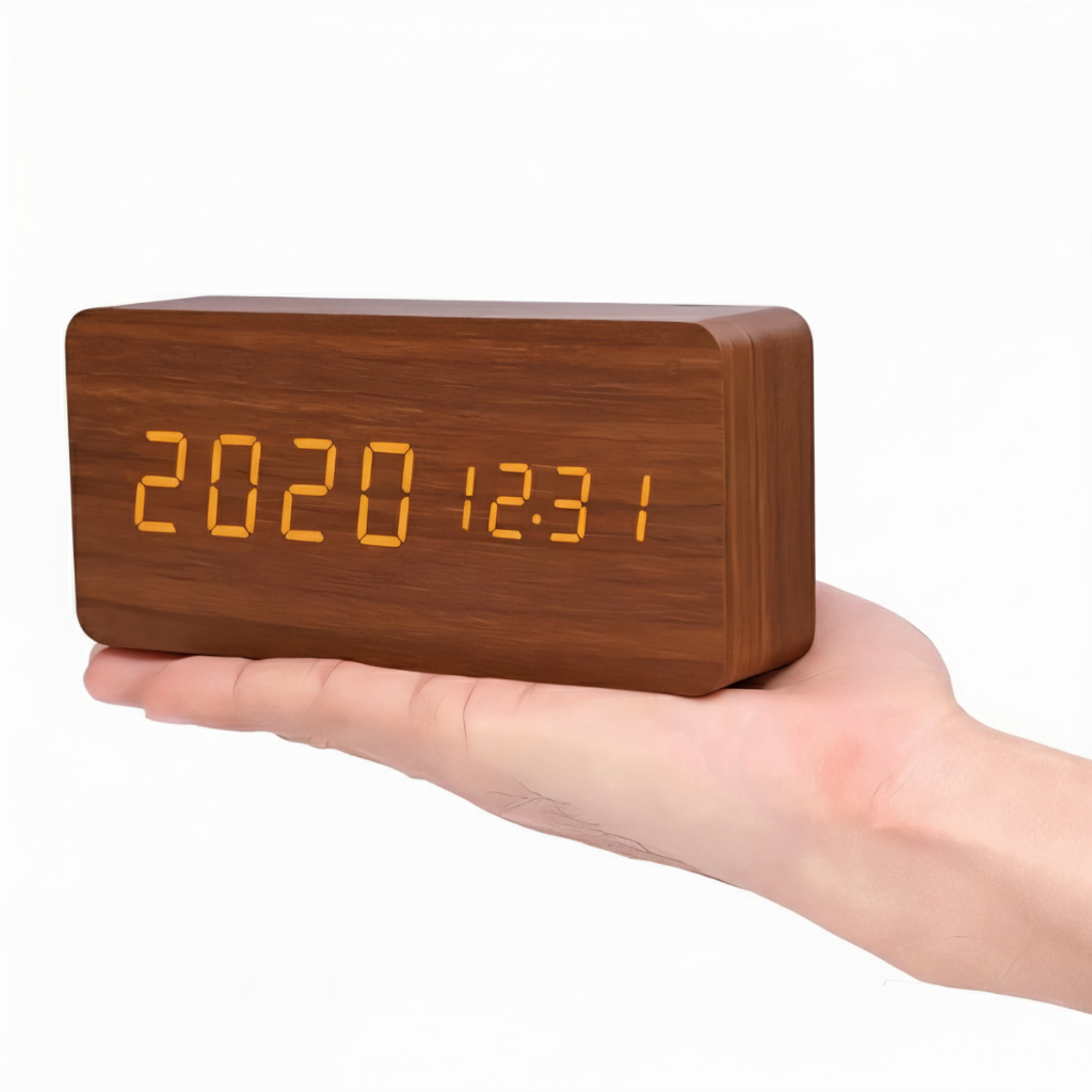 Modern Wooden LED Digital Alarm Clock - Smart Bedside Clock with Adjustable LED Display