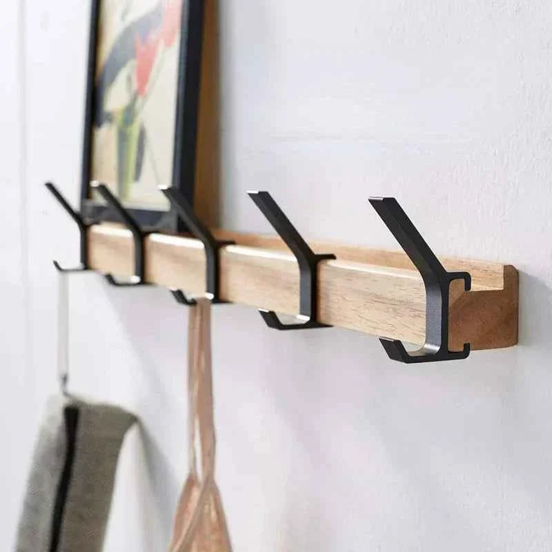 Nori Coat Rack | Adjustable Double Hooks, Black & Wood Finish