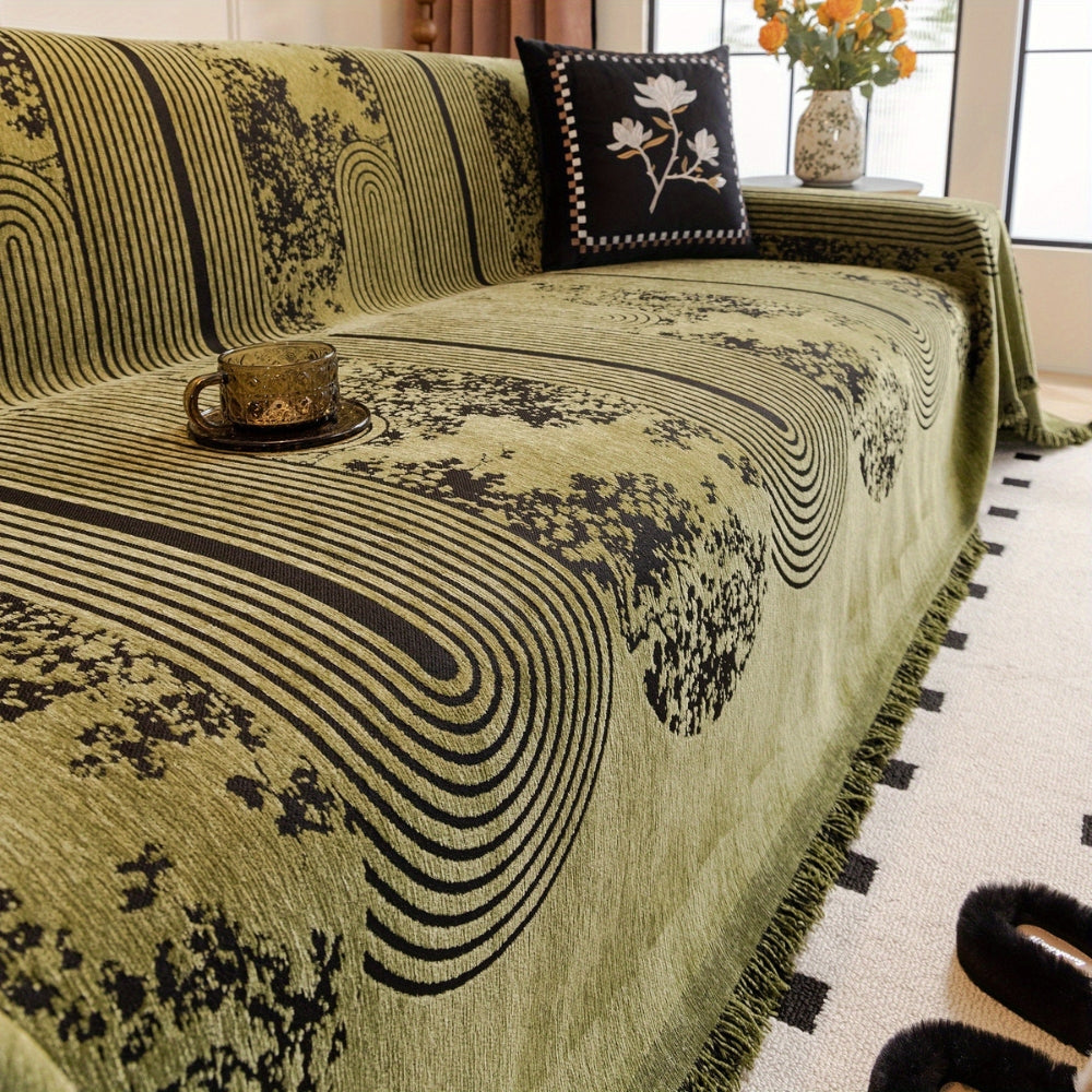 MusterOase: Sofa Cover in Modern Mosaic Line Design with Decorative Tassels & Durable Quality – for Sofa & Bedroom
