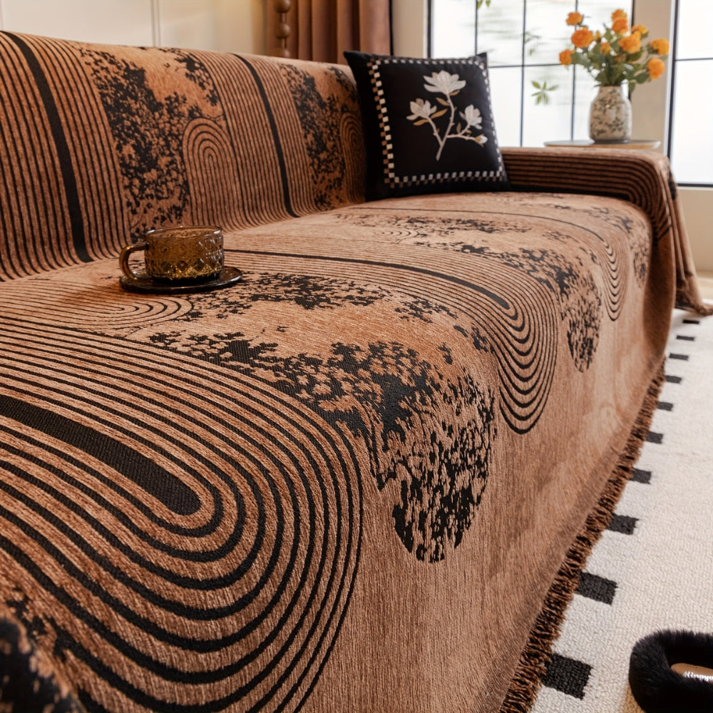 MusterOase: Sofa Cover in Modern Mosaic Line Design with Decorative Tassels & Durable Quality – for Sofa & Bedroom
