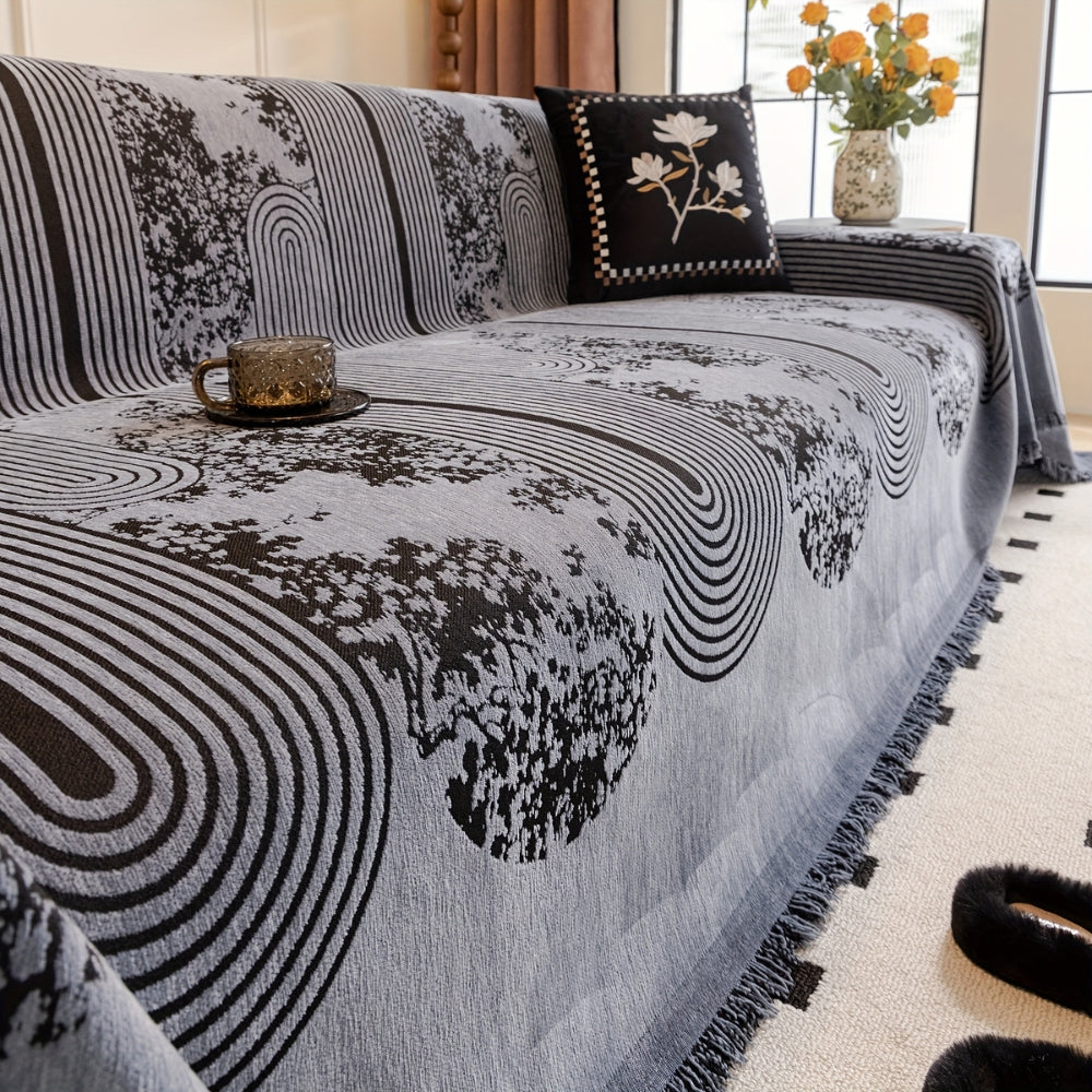 MusterOase: Sofa Cover in Modern Mosaic Line Design with Decorative Tassels & Durable Quality – for Sofa & Bedroom