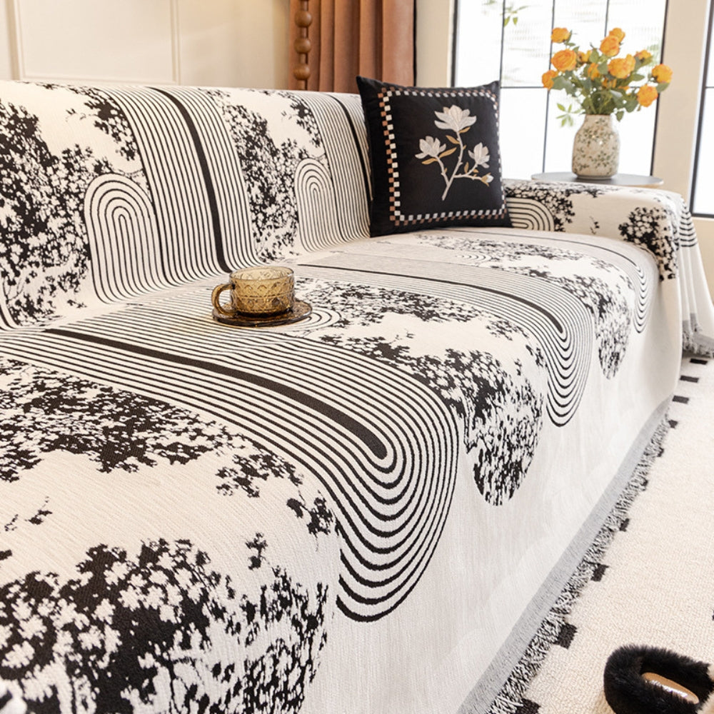 MusterOase: Sofa Cover in Modern Mosaic Line Design with Decorative Tassels & Durable Quality – for Sofa & Bedroom