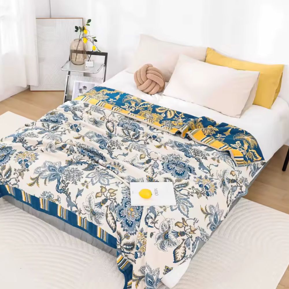 NaturBlüte: Cotton Blankets in Botanical Retro Style with Breathable Texture & Stylish Look – for Sofa & Lounge