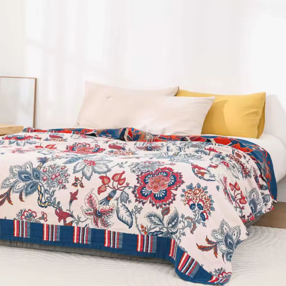 NaturBlüte: Cotton Blankets in Botanical Retro Style with Breathable Texture & Stylish Look – for Sofa & Lounge