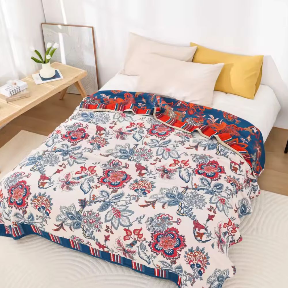 NaturBlüte: Cotton Blankets in Botanical Retro Style with Breathable Texture & Stylish Look – for Sofa & Lounge