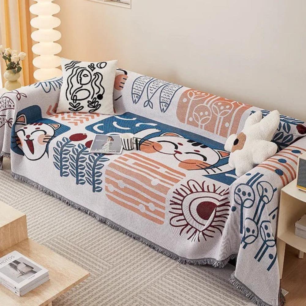 NaturFransen: Sofa cover in elegant cotton-linen style with decorative tassels & durable protection – for sofa & bedroom