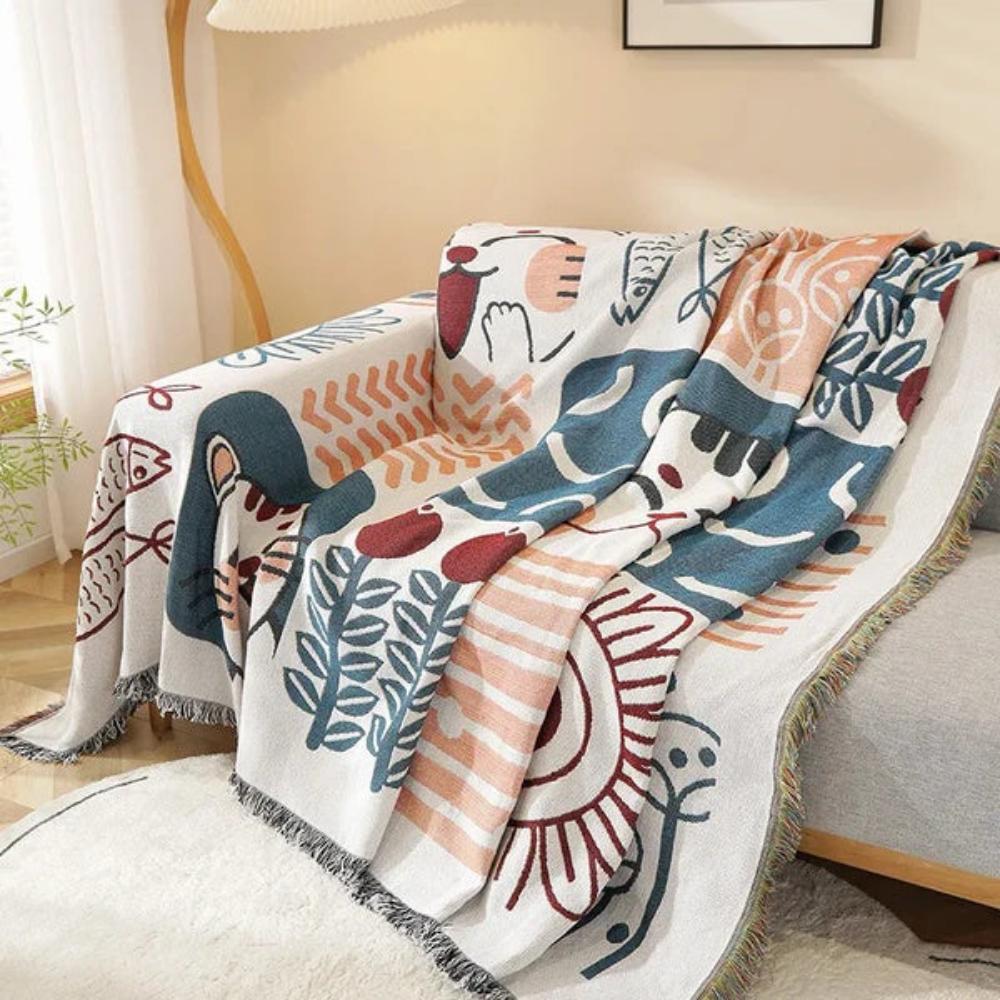 NaturFransen: Sofa cover in elegant cotton-linen style with decorative tassels & durable protection – for sofa & bedroom