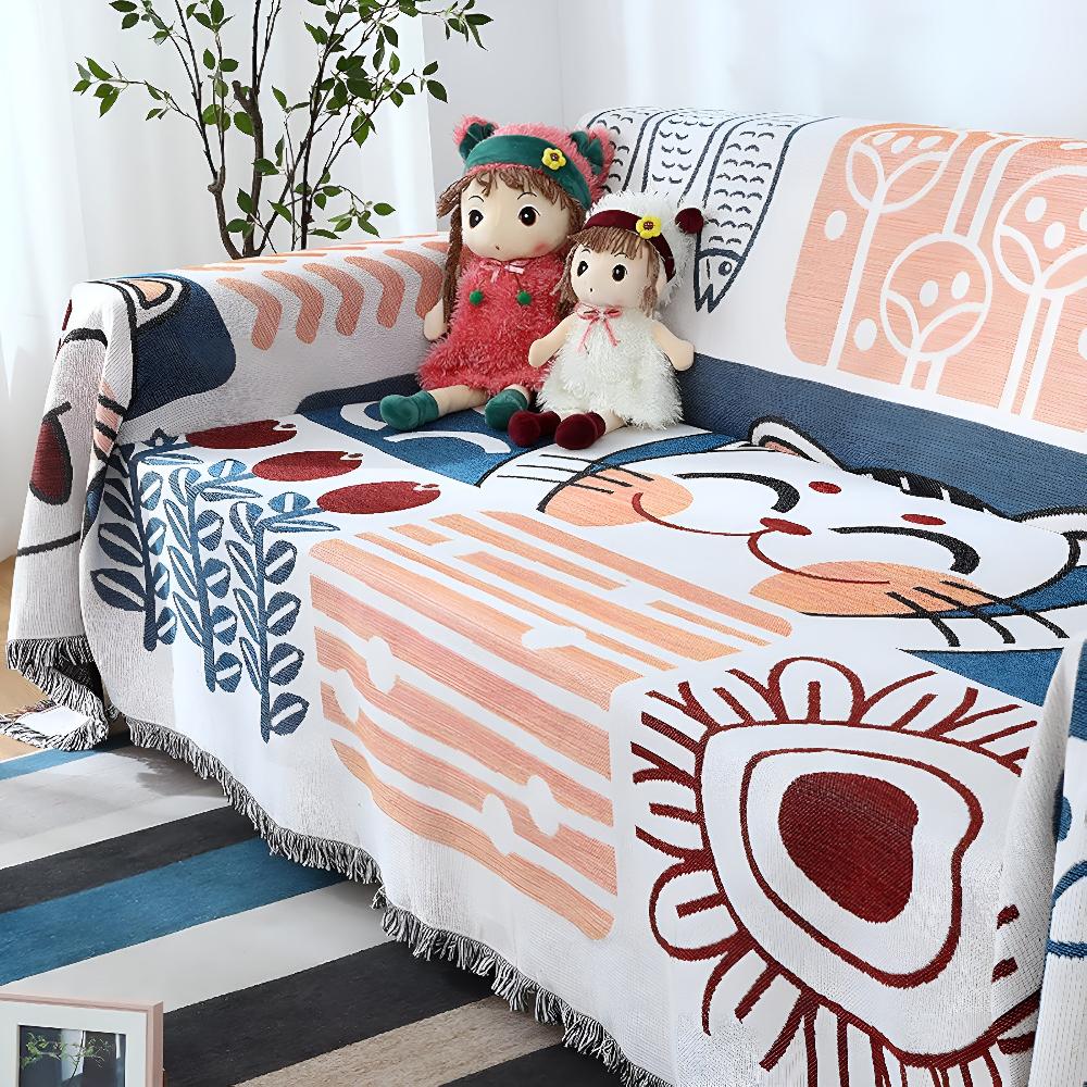 NaturFransen: Sofa cover in elegant cotton-linen style with decorative tassels & durable protection – for sofa & bedroom