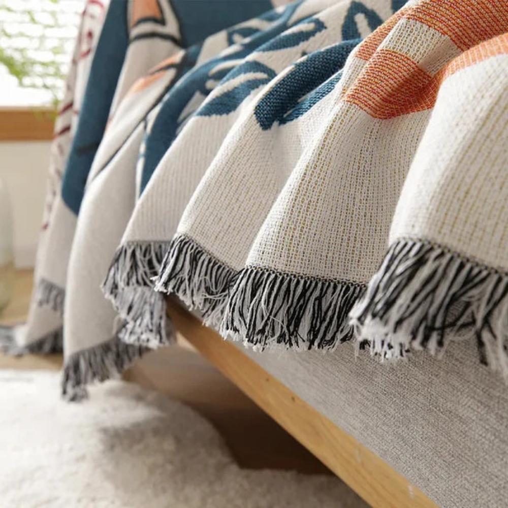 NaturFransen: Sofa cover in elegant cotton-linen style with decorative tassels & durable protection – for sofa & bedroom