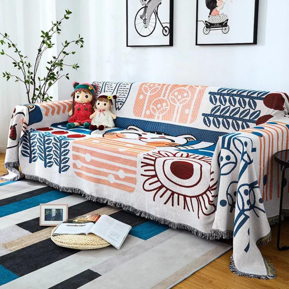 NaturFransen: Sofa cover in elegant cotton-linen style with decorative tassels & durable protection – for sofa & bedroom