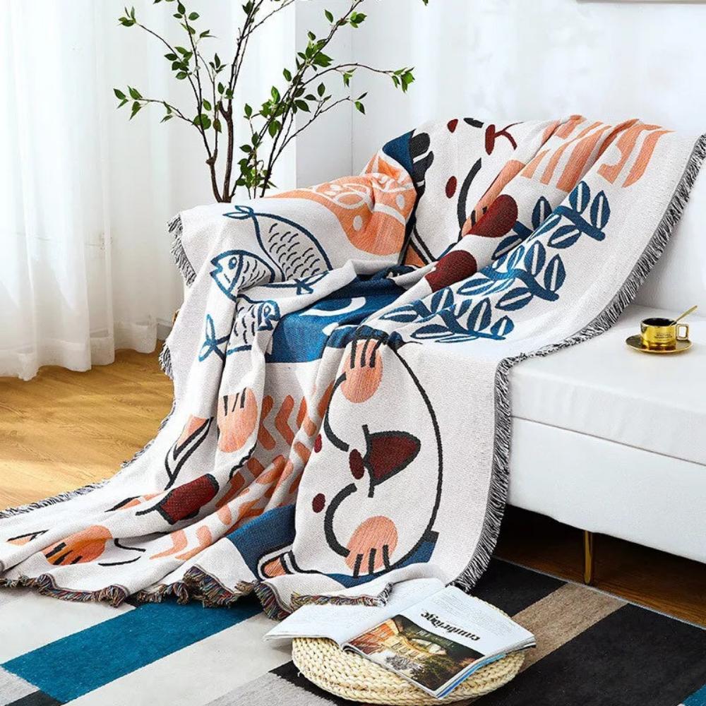 NaturFransen: Sofa cover in elegant cotton-linen style with decorative tassels & durable protection – for sofa & bedroom