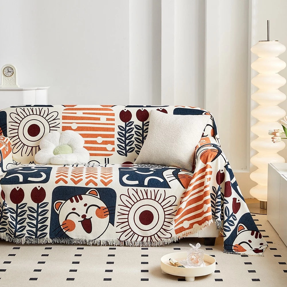 NaturFransen: Sofa cover in elegant cotton-linen style with decorative tassels & durable protection – for sofa & bedroom