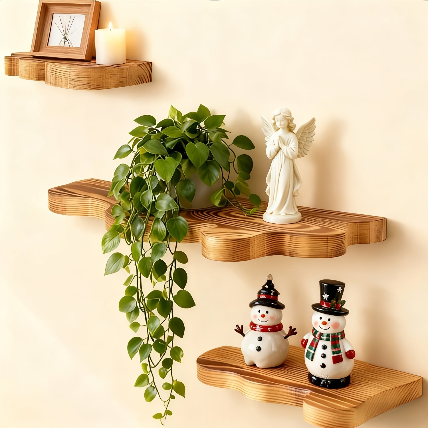 NaturSchwung: Wooden Wall Shelves – 3 Pieces, Elegant & Floating in Vintage Wave Design for Bedroom & Hallway