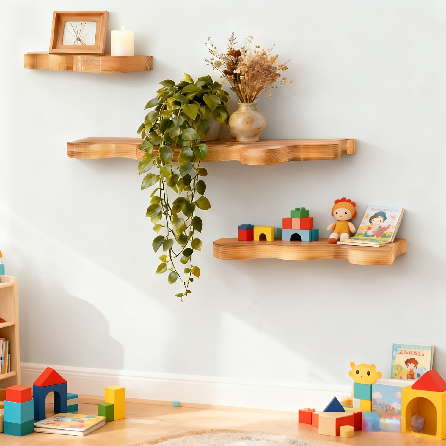NaturSchwung: Wooden Wall Shelves – 3 Pieces, Elegant & Floating in Vintage Wave Design for Bedroom & Hallway