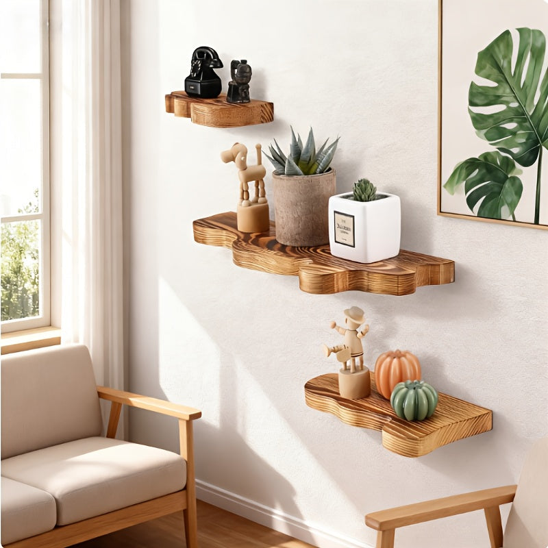 NaturSchwung: Wooden Wall Shelves – 3 Pieces, Elegant & Floating in Vintage Wave Design for Bedroom & Hallway