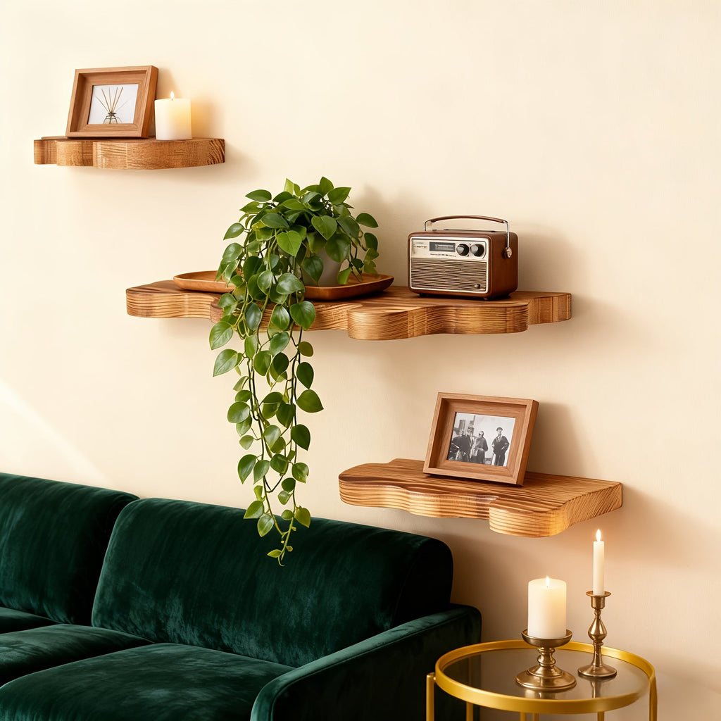 NaturSchwung: Wooden Wall Shelves – 3 Pieces, Elegant & Floating in Vintage Wave Design for Bedroom & Hallway