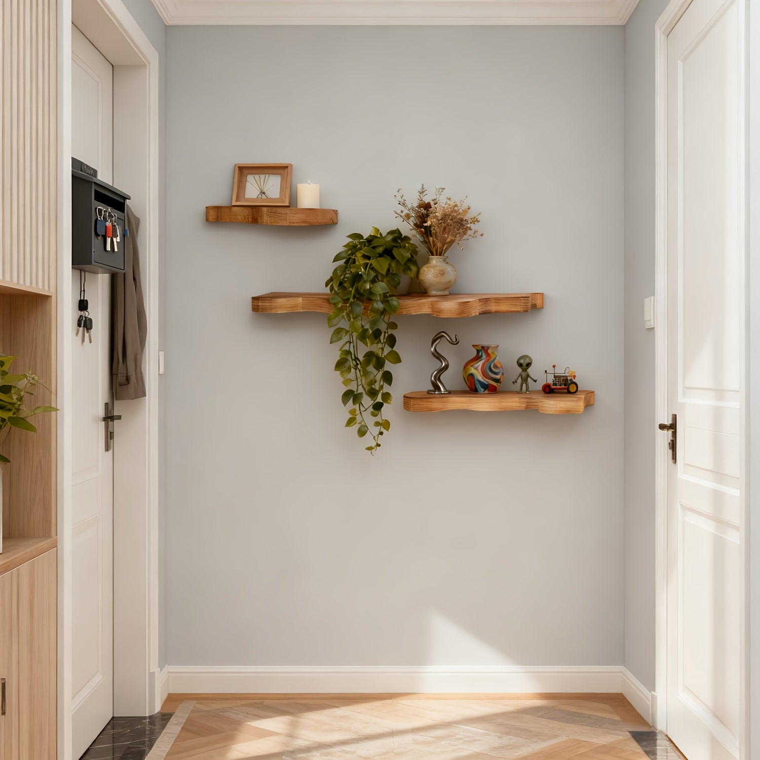 NaturSchwung: Wooden Wall Shelves – 3 Pieces, Elegant & Floating in Vintage Wave Design for Bedroom & Hallway