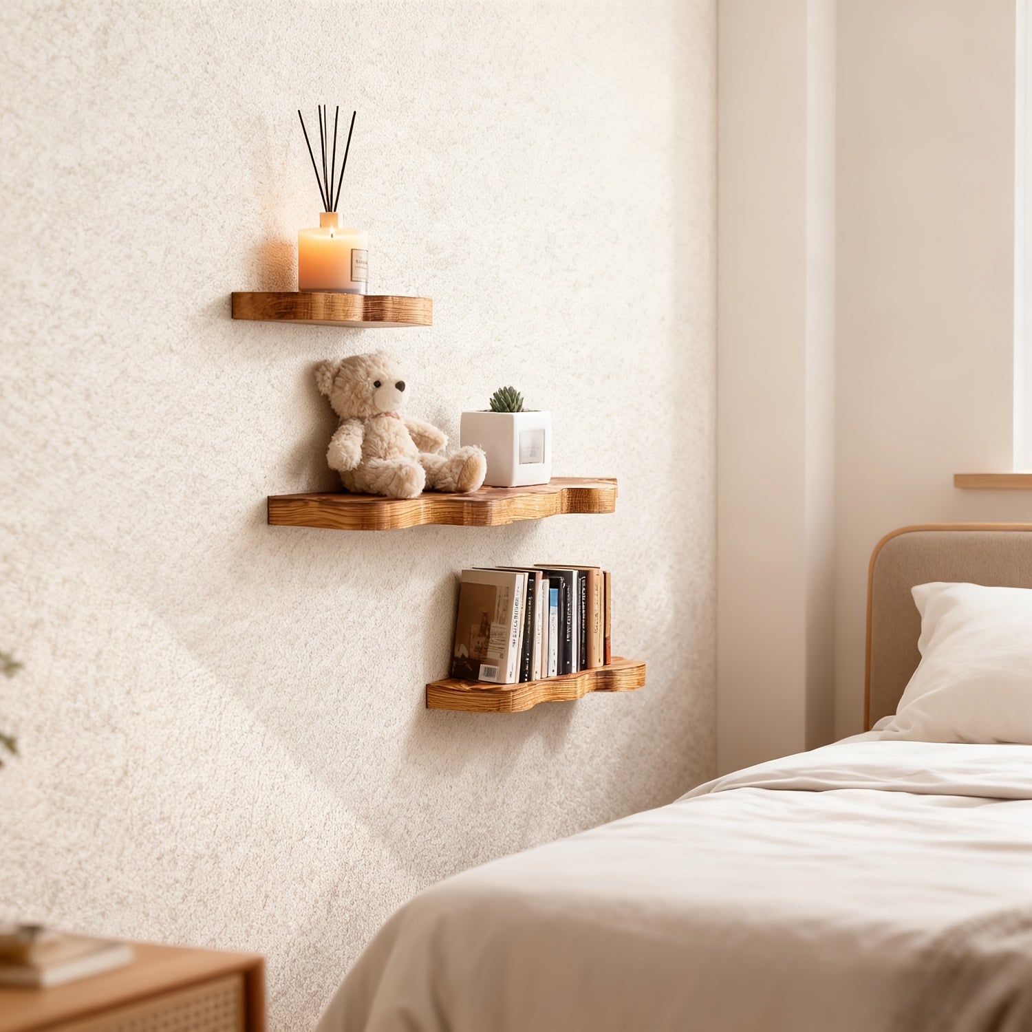 NaturSchwung: Wooden Wall Shelves – 3 Pieces, Elegant & Floating in Vintage Wave Design for Bedroom & Hallway