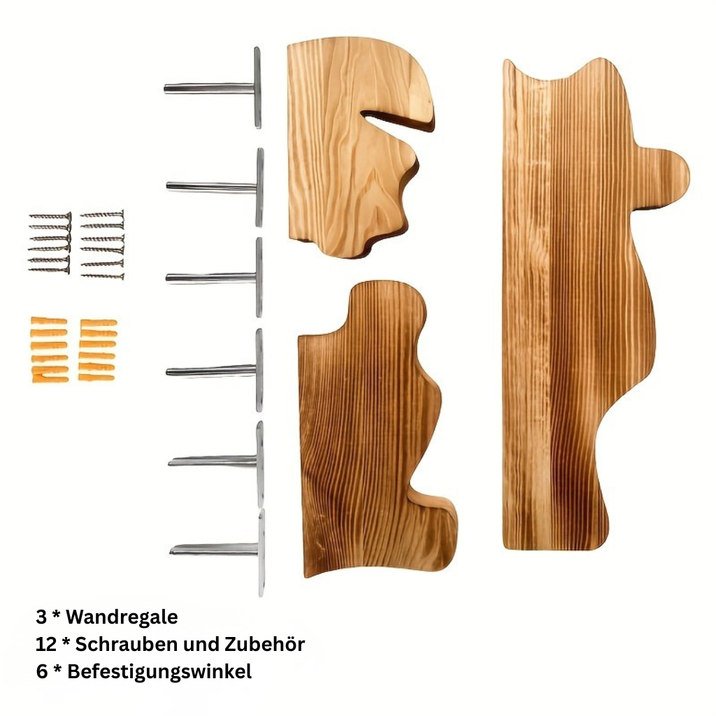 NaturSchwung: Wooden Wall Shelves – 3 Pieces, Elegant & Floating in Vintage Wave Design for Bedroom & Hallway